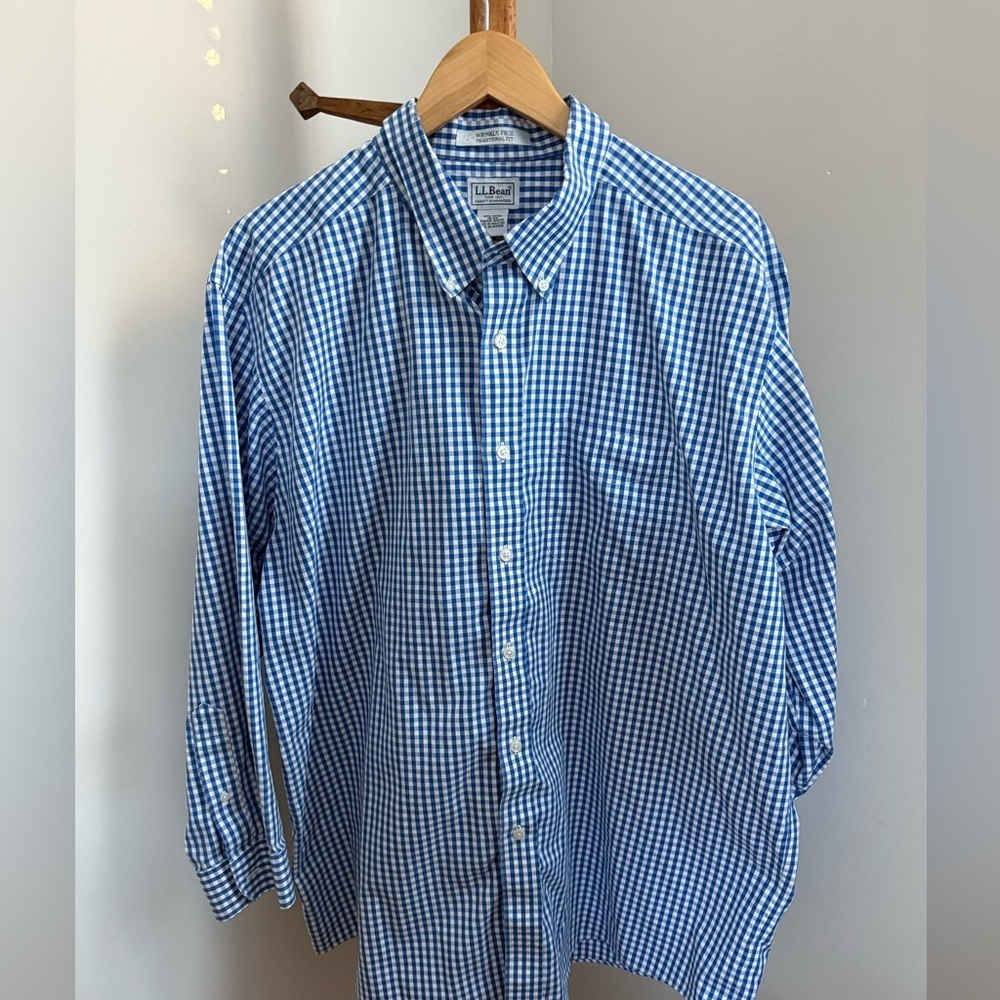 LL Bean Men’s Wrinkle Free Button Down Dress Shirt Blue & White Gingham 18-33